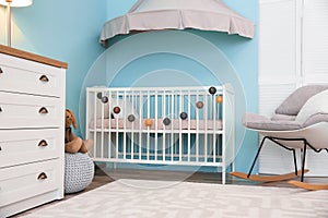 Modern interior of light cozy baby room