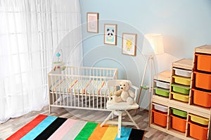 Modern interior of light cozy baby room