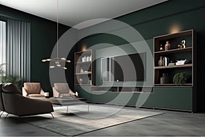 Modern interior of living room with armchair and cabinet, tv on dark green color wall background. Generative AI