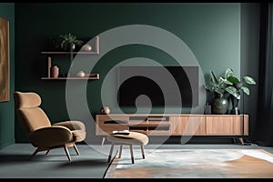 Modern interior of living room with armchair and cabinet, tv on dark green color wall background. Generative AI