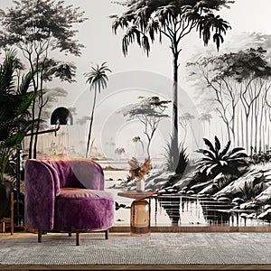 Modern Interior Living Room Background Forest Wallpaper with River and Trees Black and White Vintage