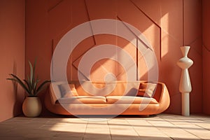 Modern interior of the living room with a beige leather sofa with pillows