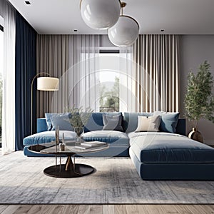 Modern interior of living room with blue sofa, concrete stucco wall with arch door, home design 3d rendering