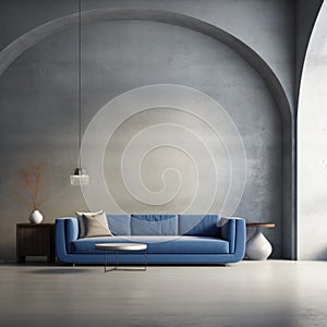 Modern interior of living room with blue sofa, concrete stucco wall with arch door, home design 3d rendering