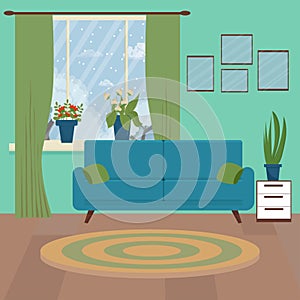 Modern interior living room with couch, window and plants. Winter season with snowflakes. Stock vector illustration