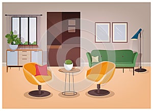 Modern interior of living room full of comfortable furniture and home decorations - comfy couch, armchairs, coffee table