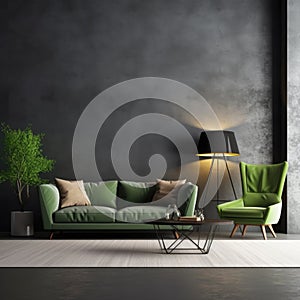 Modern interior of living room with grey sofa, coffee tables, green armchair against black concrete wall 3d rendering