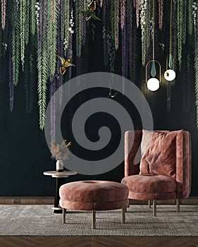 Modern interior living room with hanging plants wallpaper in Tiffany color with armchair and table