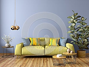 Modern interior of living room with sofa, wooden coffee tables, against blue wall 3d rendering