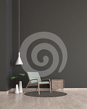 Modern interior living room wood floor black wall with green chair template for mock up 3d rendering. minimal living room design