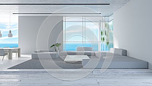 Modern interior living room wood floor sofa set sea view summer 3d rendering. japan minimal interior design