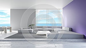 Modern interior living room wood floor sofa set sea view summer 3d rendering. minimal living room design purple wall color trend 2