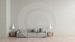 Modern interior living room wood floor white brick texture wall with gray sofa template for mock up 3d rendering. minimal living r