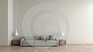 Modern interior living room wood floor white cement texture wall with gray sofa template for mock up 3d rendering. minimal living