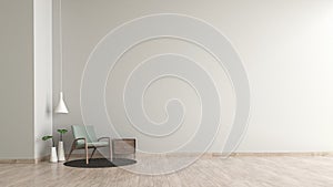 Modern interior living room wood floor white cement texture wall with green chair template for mock up 3d rendering. minimal livin