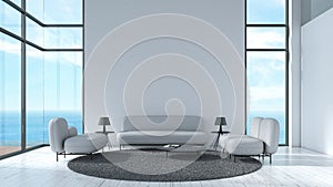 Modern interior living room wood floor white texture wall with gray sofa and chair window sea view summer template for mock up 3d