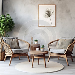 Modern interior of living room with wooden armchairs and coffee table. Cozy home design with woven furniture