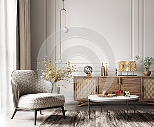 Modern interior of living room with wooden sideboard and armchair. Marble coffee table on the rug. Home design. 3d rendering