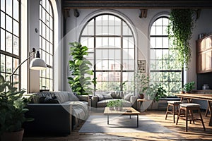 Modern interior loft minimal scandinavian desigh dark living room. City apartment with large windows