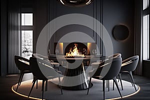 Modern interior of lounge and living room. Big black round table and chairs. Rich interior design. generative ai