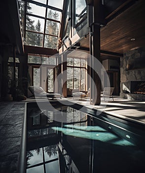 Modern Interior of Luxurious Swimming Pool Dark Themed Background