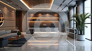 Modern interior of luxury office hall, clean marble floor and plants in lobby of commercial building. Concept of tile, hallway,