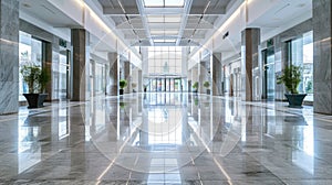 Modern interior of luxury office lobby or store, clean shiny floor in hall of commercial building, perspective view. Concept of