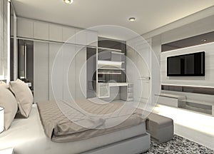 Modern Interior Master Bedroom with Clothes Wardrobe and TV Cabinet