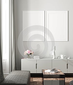 Modern interior, natural pastel colors room background with poster mock up