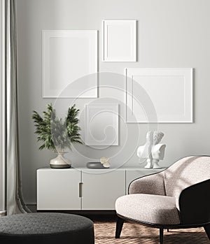Modern interior, natural pastel colors room background with poster mock up