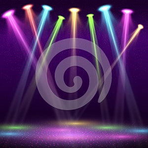 Modern interior of nightclub with empty show stage and color spot lights vector illustration