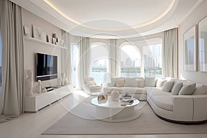 Modern interior of open space with design modular sofa, furniture
