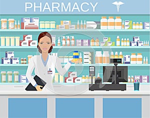 Modern interior pharmacy or drugstore