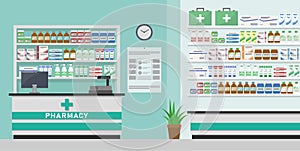 Modern interior pharmacy or drugstore with the counter. Medicine pills capsules bottles vitamins and tablets.