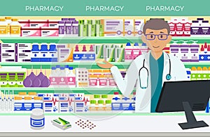 Modern interior pharmacy and male pharmacist