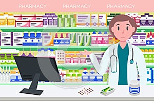 Modern interior pharmacy and women pharmacist