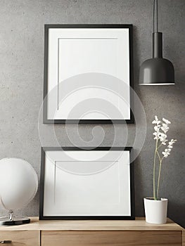 Modern interior with picture frames, pendant lamp, and vase with flowers on wooden cabinet against gray wall