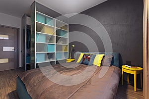 Modern interior of a private bedroom in solid colors