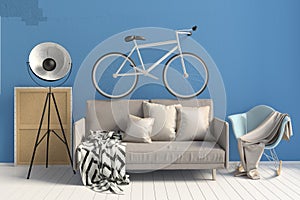 Modern interior with rack, plant and bicycle. Poster mock up. 3d