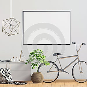 Modern interior with rack, plant and bicycle. Poster mock up. 3d illustration