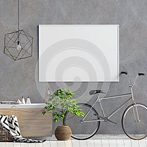 Modern interior with rack, plant and bicycle. Poster mock up. 3d illustration