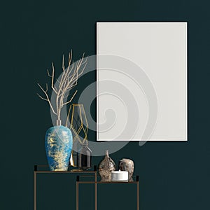 Modern interior with racking, posters and vases. poster mock up.