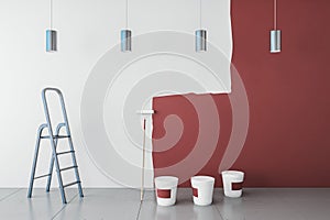 Modern interior with red paint on wall, painting tools, ladder, lamps and concrete flooring. Repairs concept. 3D Rendering