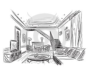 Modern interior room sketch. photo