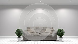 Modern interior room with sofa and green plants in white room,3d rendering