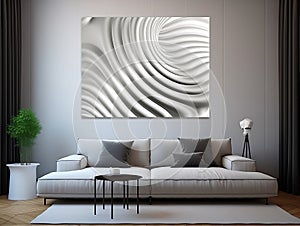 Modern interior room with white and black wave wall art photo