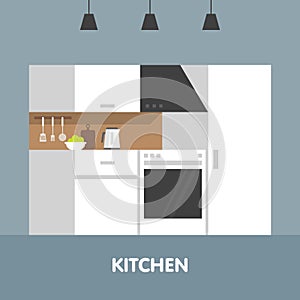 Modern interior room in white tones. Kitchen utensils and appliances. Flat isolated cartoon illustration.