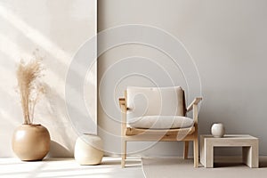 modern interior in Scandinavian style. armchair and fashionable vase, minimalism