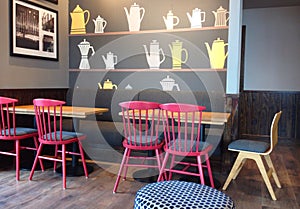 Modern interior, seating in a restaurant or coffee shop.