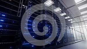 Modern interior server room data center. Connection and cyber network in dark servers. Backup, mining, hosting, mainframe, farm,